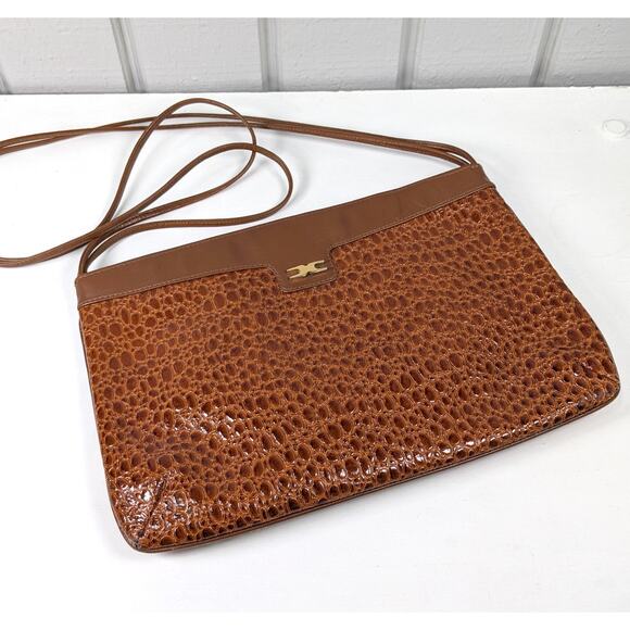 Vintage Sandro Brown Leather Faux Reptile Rectangular Shoulder Bag *READ - Picture 2 of 14